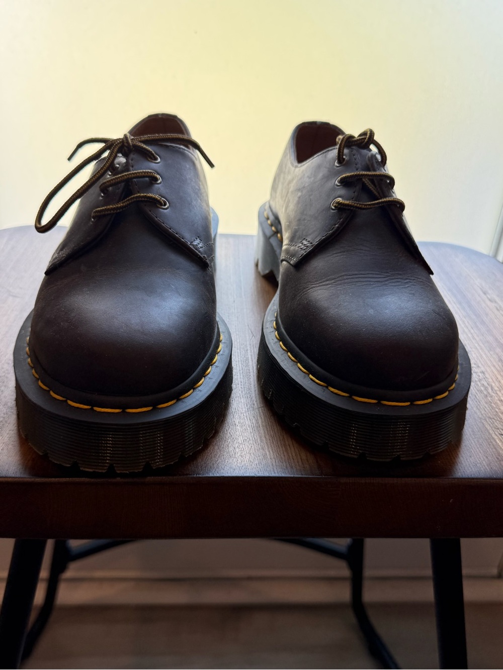 Dr. Martens Black Leather Lace-Up Platform Oxfords with Yellow Stitching - Picture 3 of 5